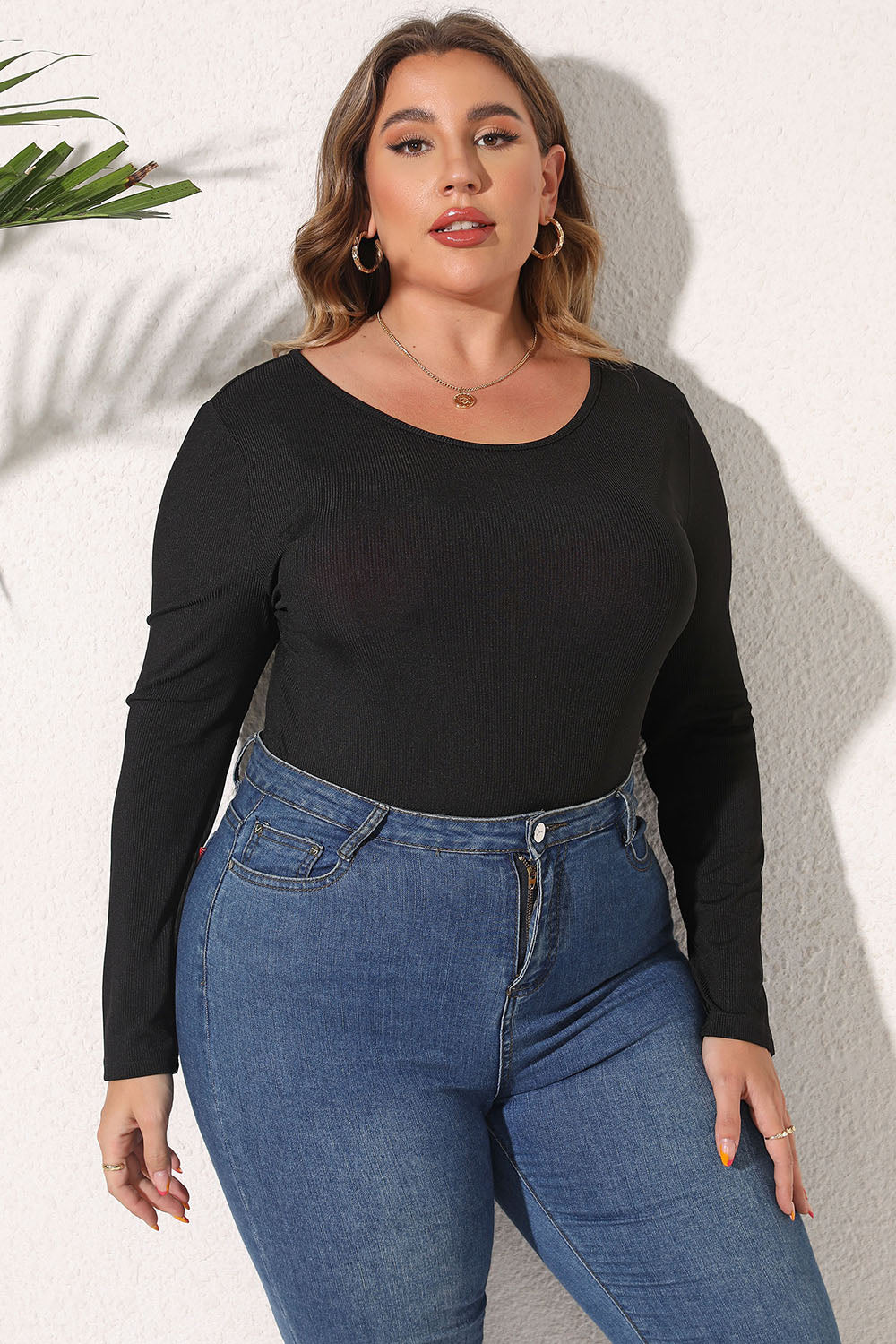 Plus Size Round Neck Long Sleeve Bodysuit - Luxe4Everyday Black / L Bodysuits