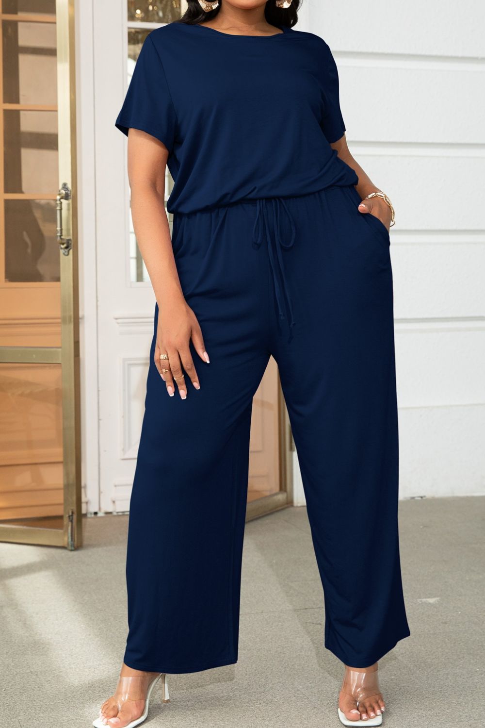 Plus Size Drawstring Waist Short Sleeve Jumpsuit - Luxe4Everyday Forest / 0XL Jumpsuit