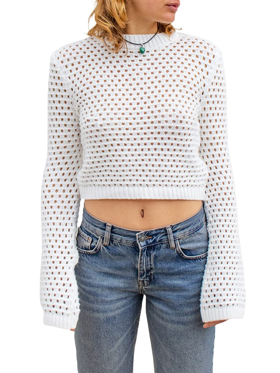 Openwork Round Neck Long Sleeve Knit Top - Luxe4Everyday Sweater