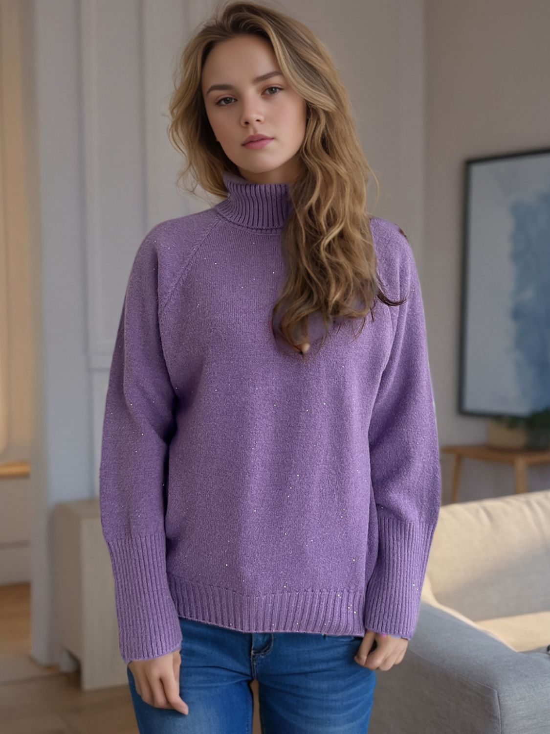 Turtleneck Raglan Sleeve Sweater - Luxe4Everyday Purple / One Size Sweater