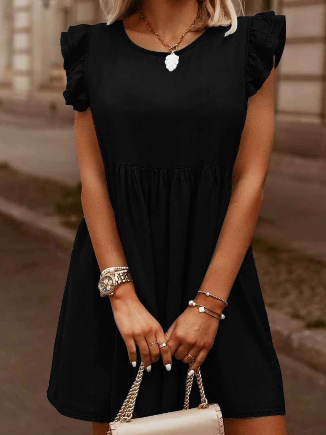 Full Size Ruffled Round Neck Cap Sleeve Denim Dress - Luxe4Everyday Black / S Dress