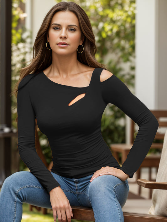 Cutout Asymmetrical Neck Long Sleeve T-Shirt - Luxe4Everyday Black / S shirt