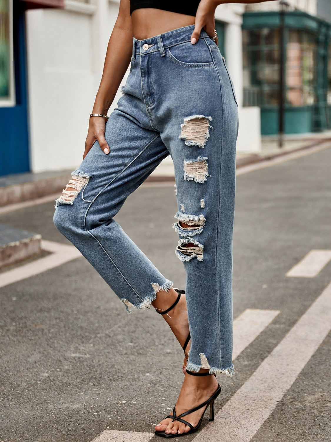 Distressed Raw Hem Jeans with Pockets - Luxe4Everyday Jeans