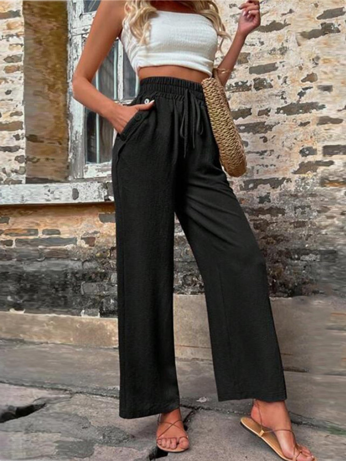 Tied High Waist Wide Leg Pants with Pockets - Luxe4Everyday Khaki / S Pants