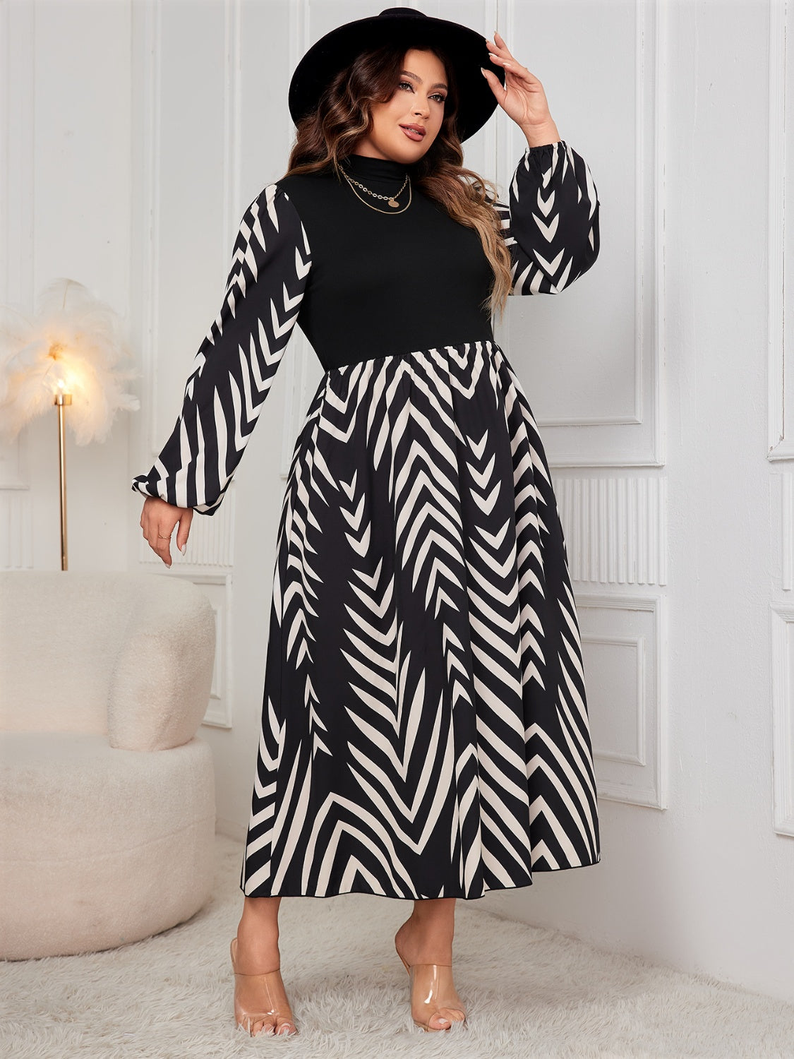 Honey Plus Size Printed Mock Neck Long Sleeve Midi Dress - Luxe4Everyday Black / 1XL Dress