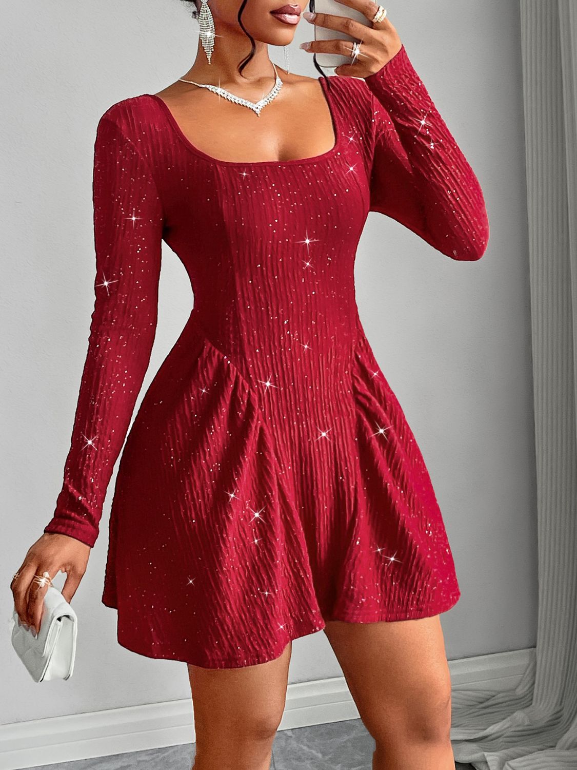 Backless Glitter Square Neck Long Sleeve Mini Dress - Luxe4Everyday Deep Red / M Dress