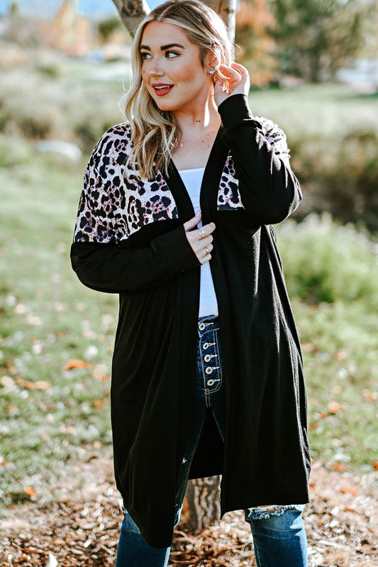 Plus Size Open Front Dropped Shoulder Cardigan - Luxe4Everyday Leopard / 1X Jacket