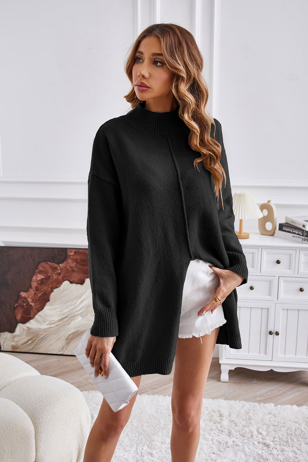 Exposed Seam Mock Neck Slit Sweater - Luxe4Everyday Sweater