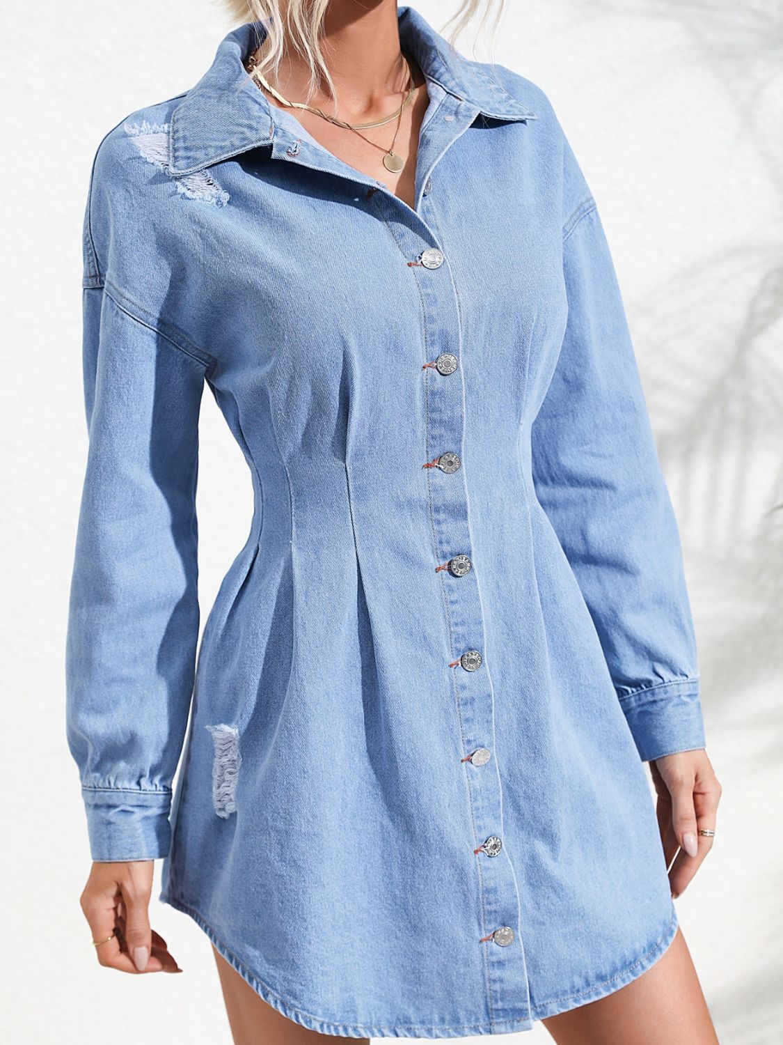 Distressed Button Up Long Sleeve Denim Dress - Luxe4Everyday Dress