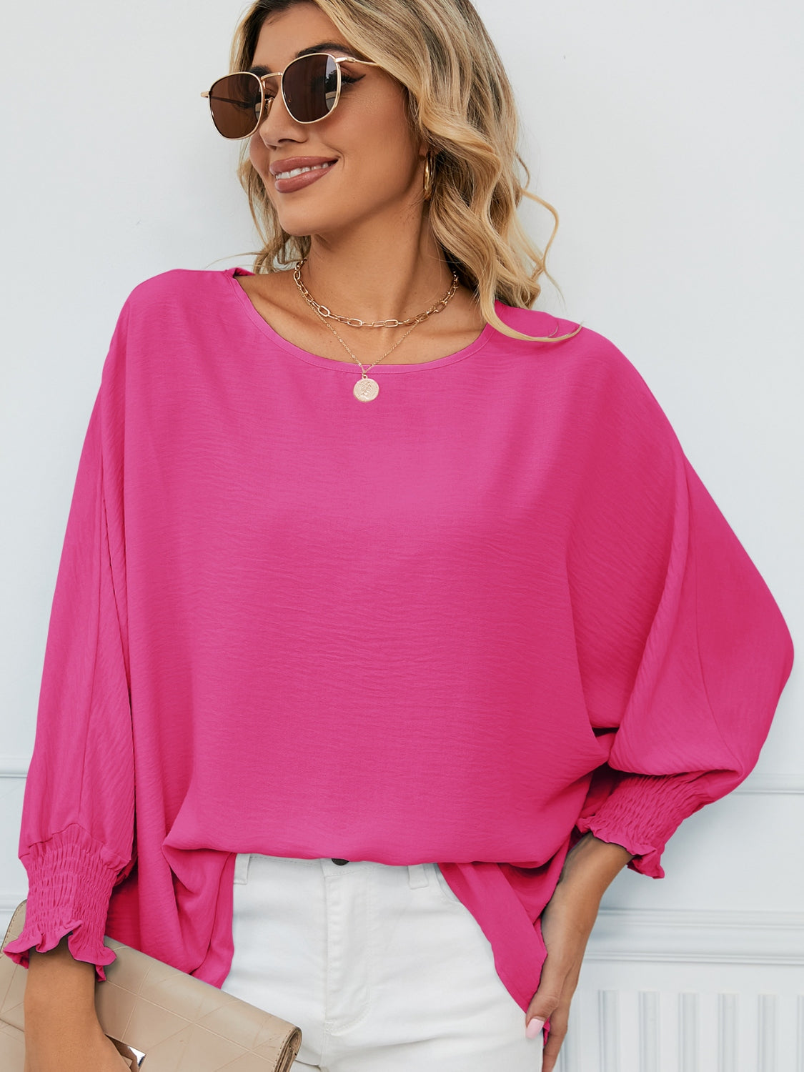 Smocked Lantern Sleeve Round Neck Blouse - Luxe4Everyday Hot Pink / S Shirt