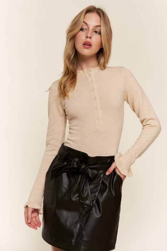 And The Why Half Button Round Neck Long Sleeve Bodysuit - Luxe4Everyday Beige / S/M Bodysuit