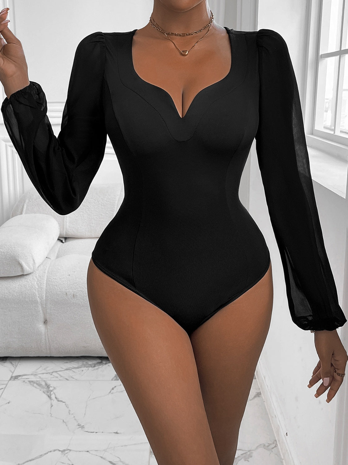 Perfee Sweetheart Neck Long Sleeve Bodysuit - Luxe4Everyday Black / S Bodysuit