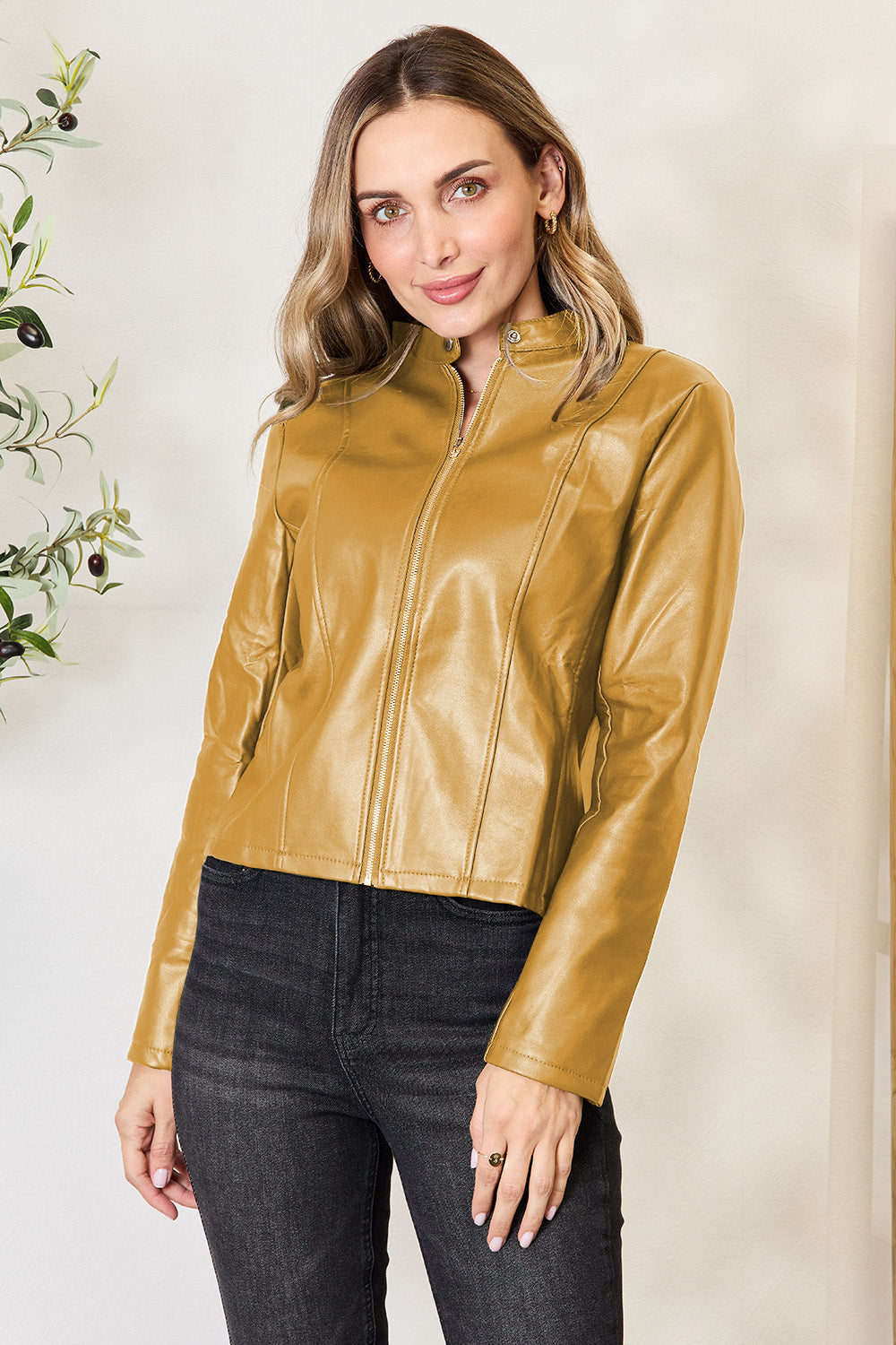 Mock Neck Zip Up Jacket - Luxe4Everyday Honey / S Coat