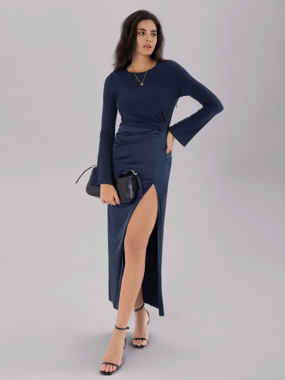 Split Round Neck Long Sleeve Midi Dress - Luxe4Everyday Dark Navy / S Dress