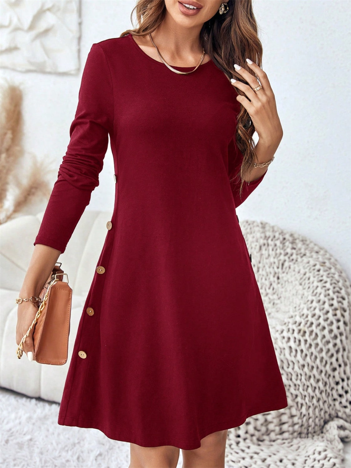 Round Neck Long Sleeve Mini Dress with Pockets - Luxe4Everyday Burgundy / S Dress