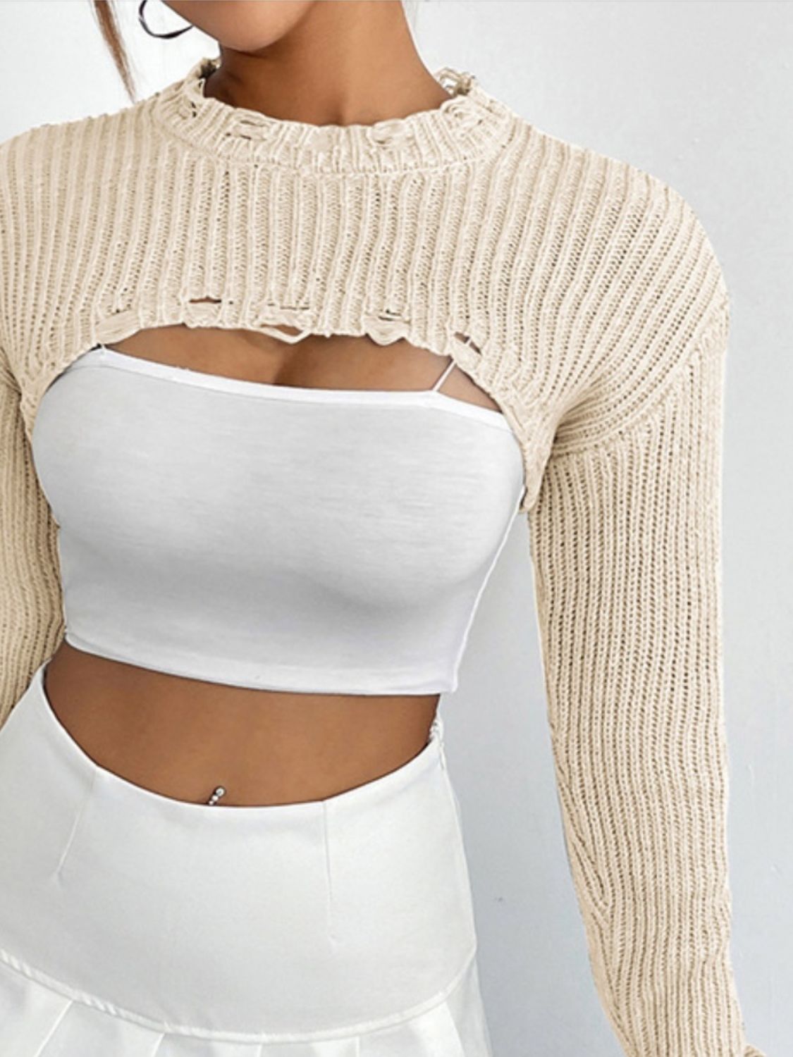 Distressed Long Sleeve Cropped Sweater - Luxe4Everyday Heather Gray / S Sweater