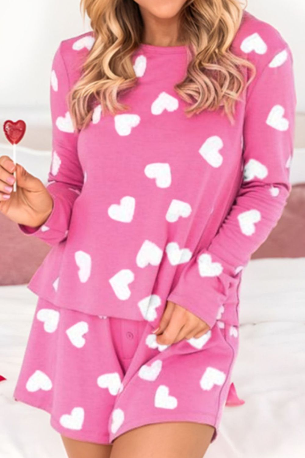 Heart Round Neck Long Sleeve Top and Elastic Waist Shorts Set - Luxe4Everyday Hot Pink / S Lounge wear