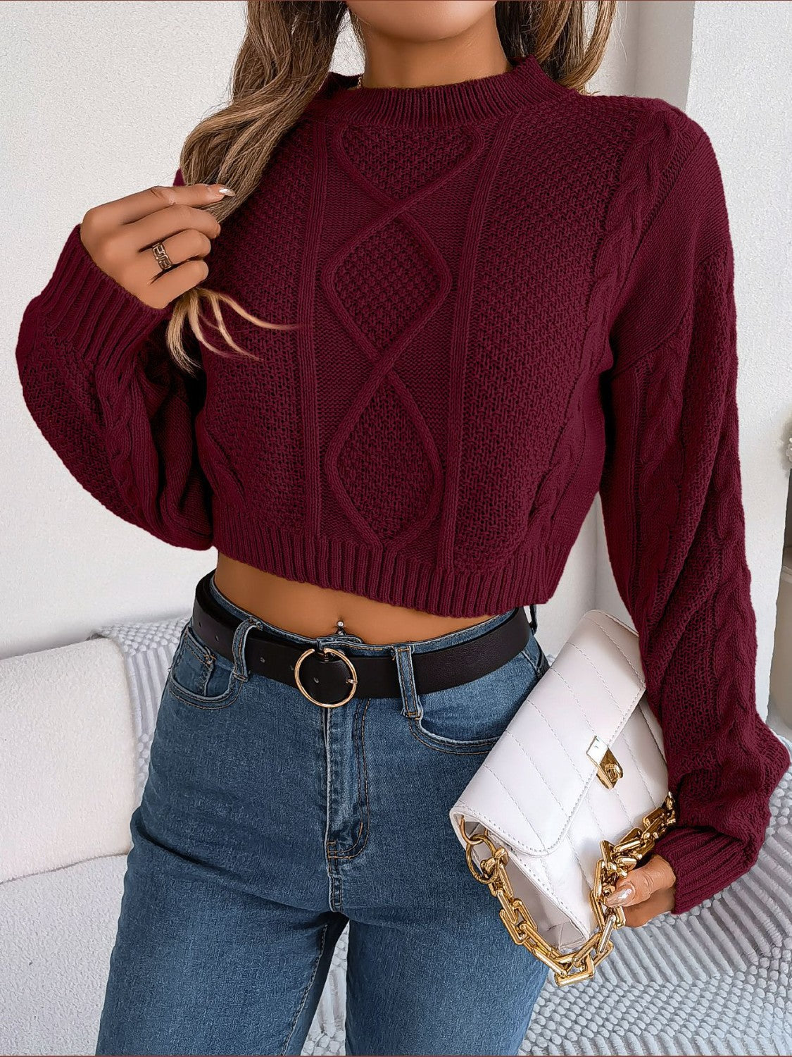 Cable-Knit Round Neck Cropped Sweater - Luxe4Everyday Sweater