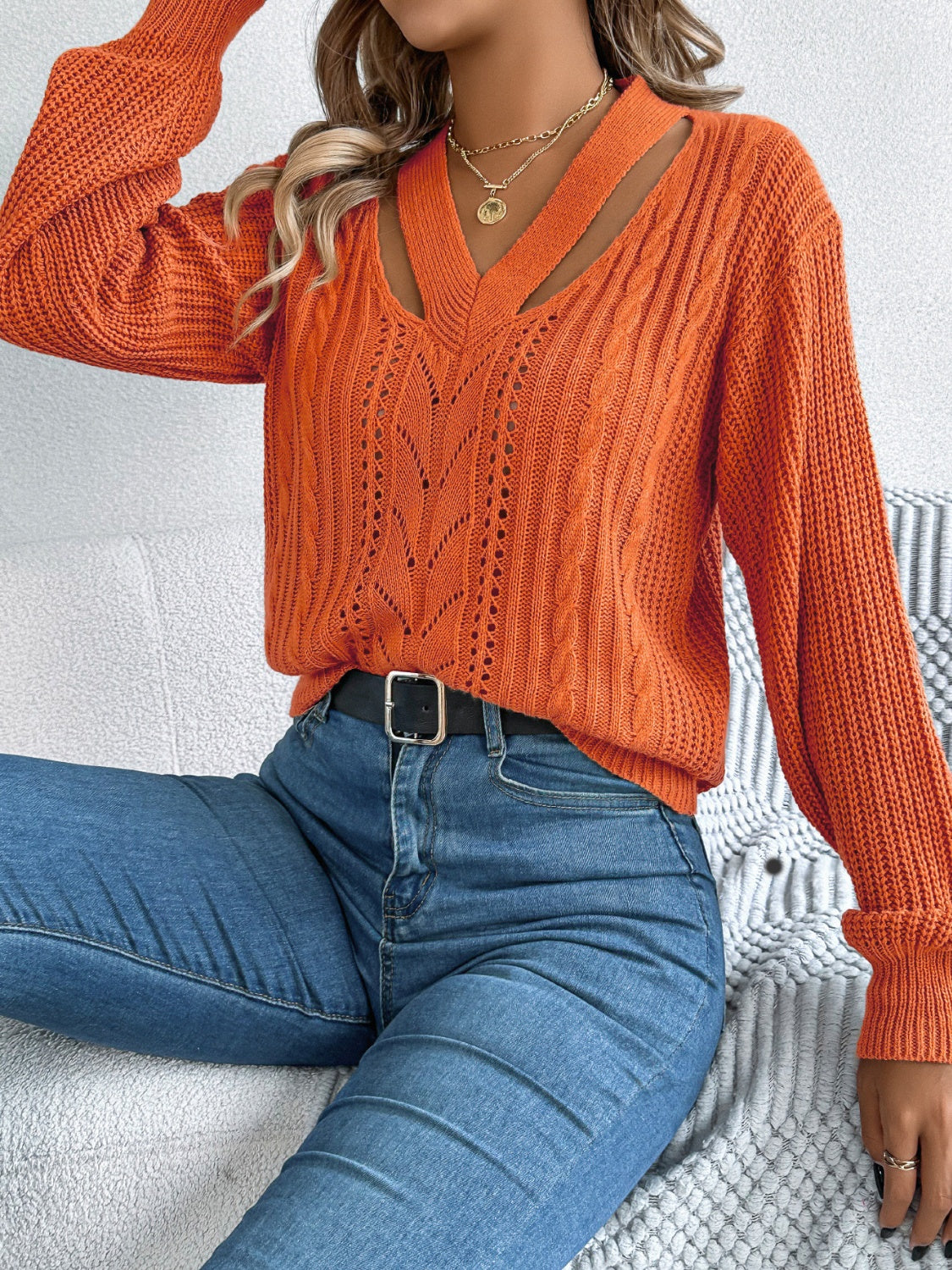 Cutout V-Neck Long Sleeve Sweater - Luxe4Everyday Sweater