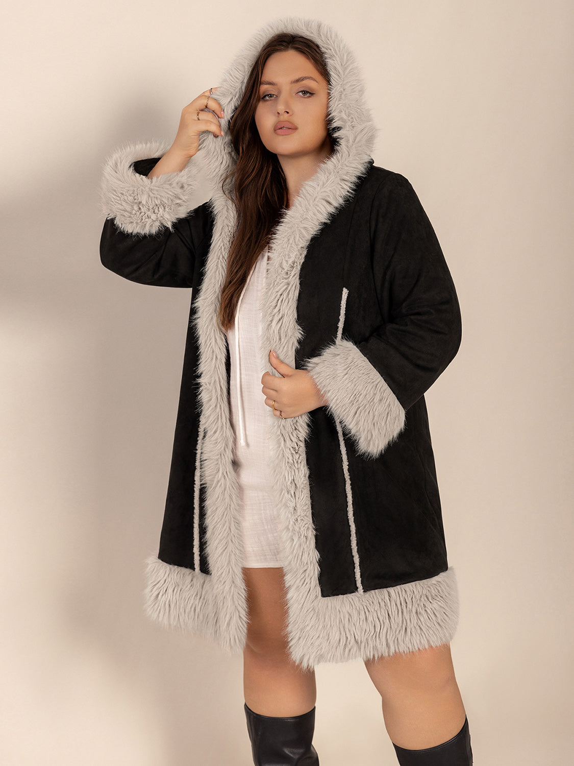 Plus Size Fuzzy Trim Open Front Long Sleeve Hooded Coat - Luxe4Everyday Black / 0XL Coat