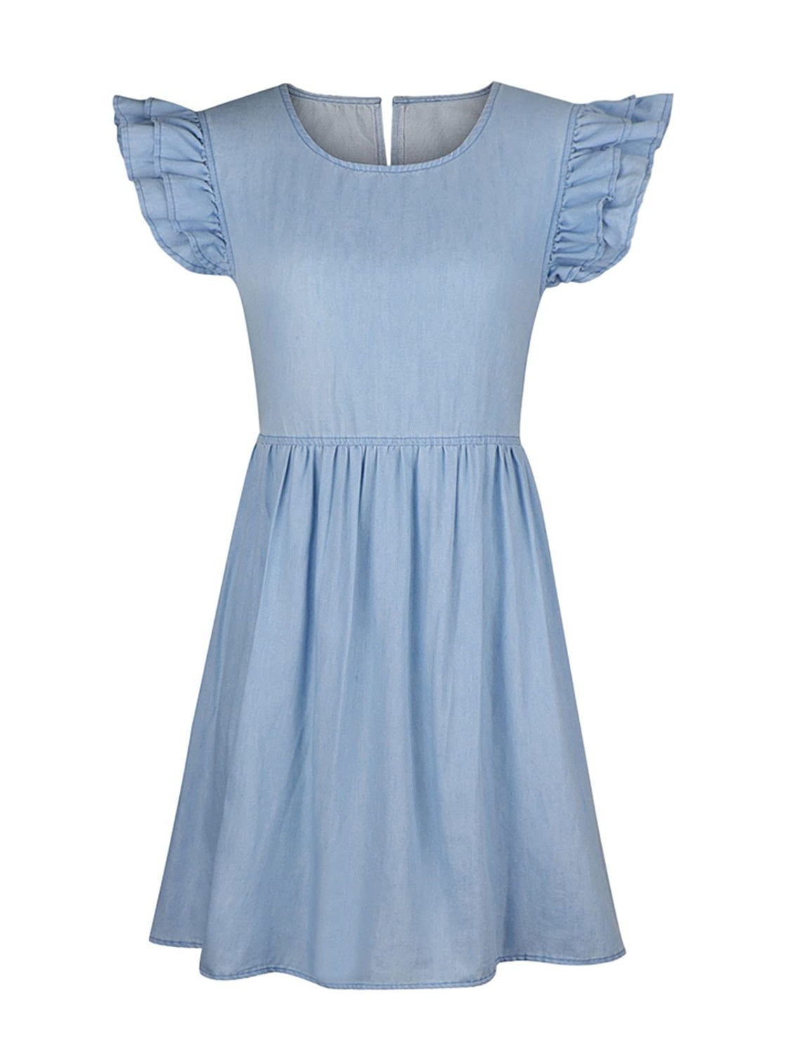 Full Size Ruffled Round Neck Cap Sleeve Denim Dress - Luxe4Everyday Dress