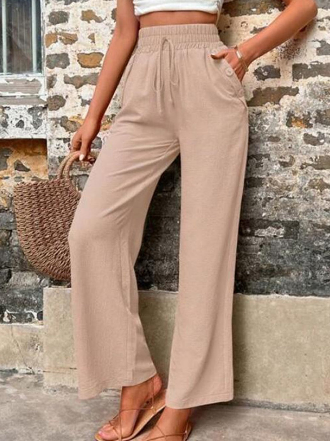 Tied High Waist Wide Leg Pants with Pockets - Luxe4Everyday Khaki / S Pants