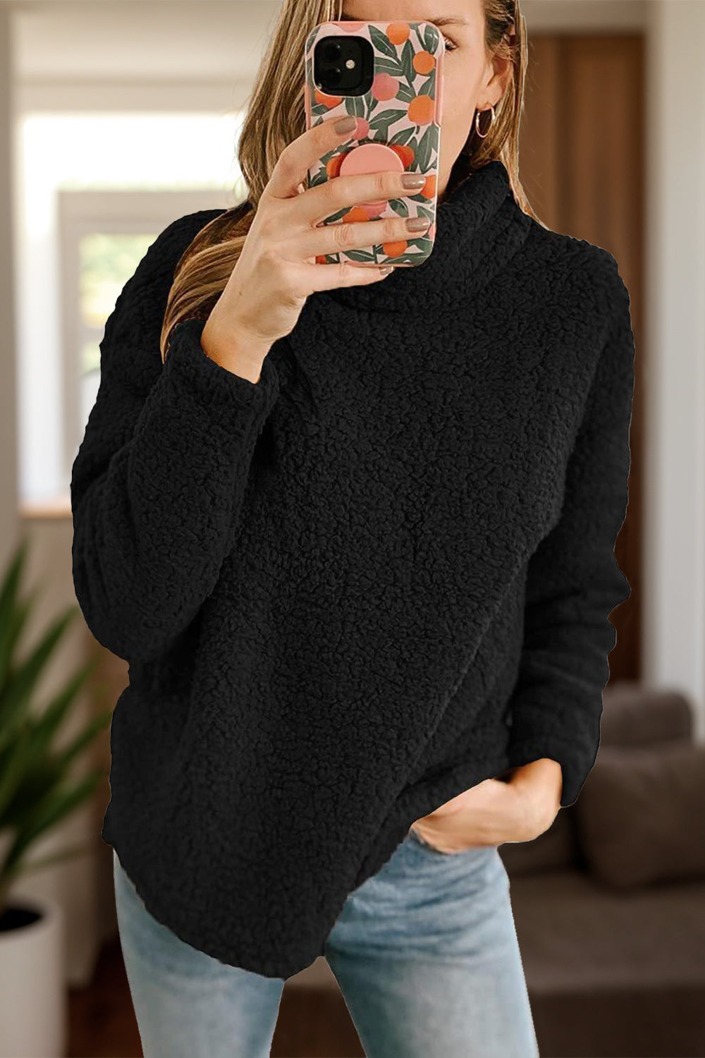 Fuzzy Turtleneck Long Sleeve Sweatshirt - Luxe4Everyday Black / S Sweater