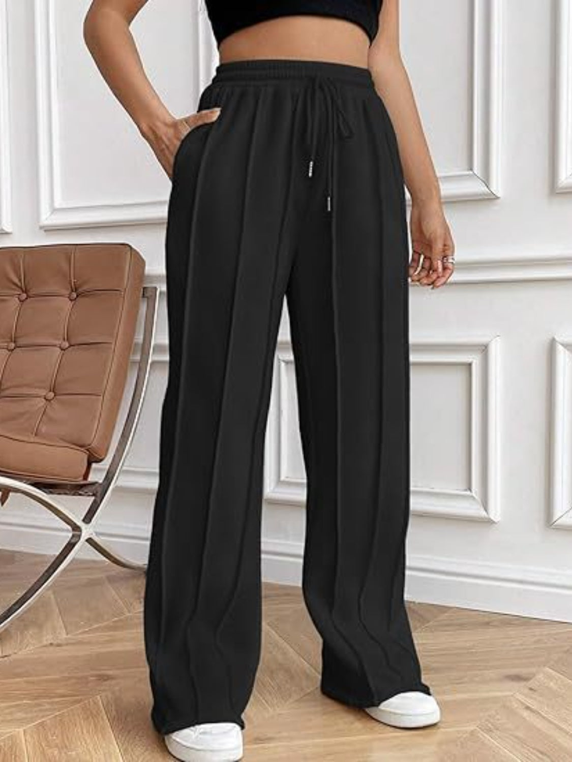 Drawstring Wide Leg Pants with Pockets - Luxe4Everyday Black / S Pants