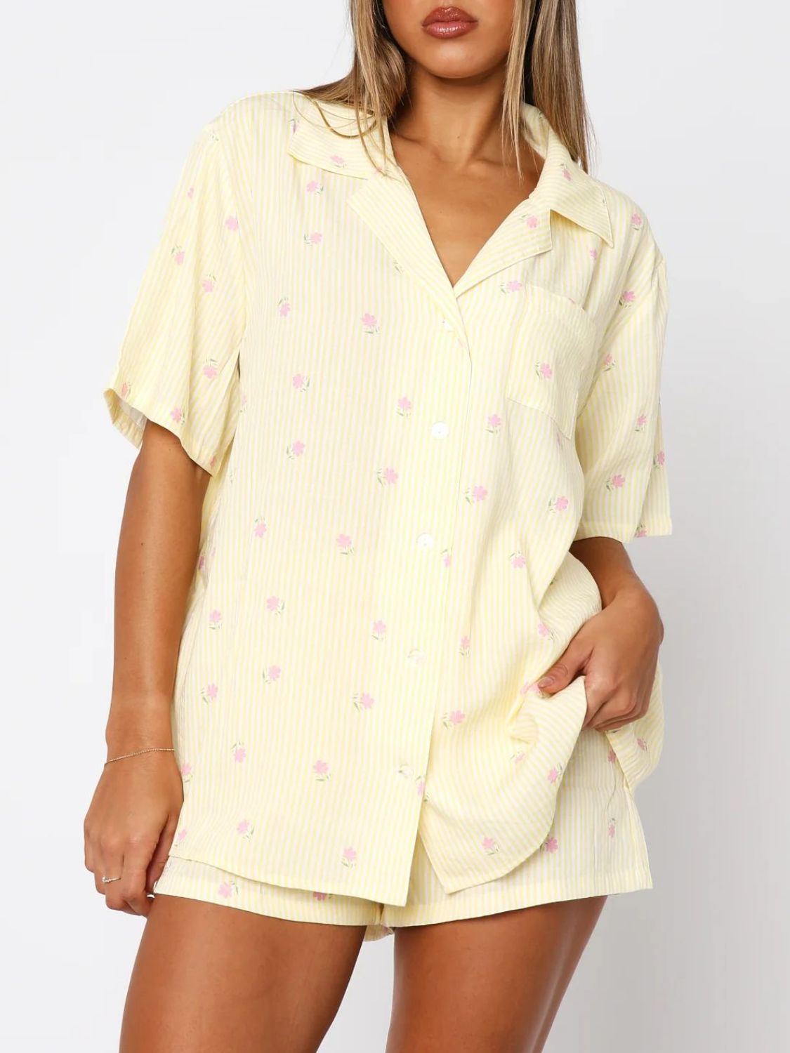 Valentine's Day Printed Collared Neck Short Sleeve Top and Shorts Set - Luxe4Everyday Pastel Yellow / S Pajamas