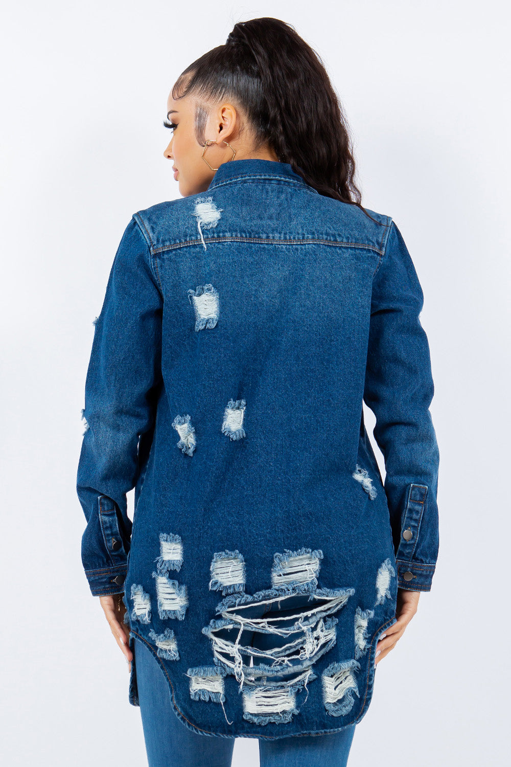 American Bazi Distressed Button Up Long Sleeve Denim Jacket - Luxe4Everyday Jacket