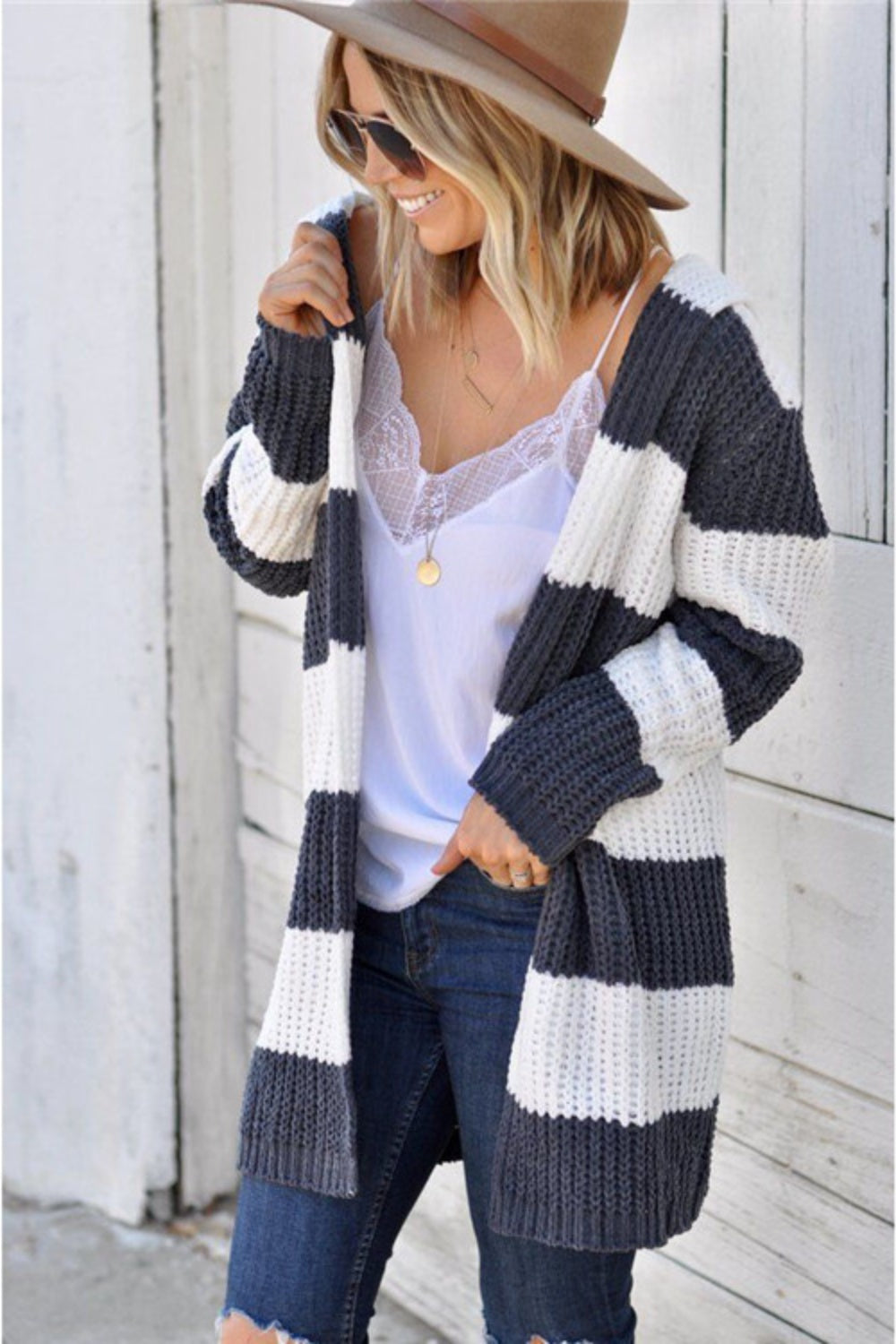 Contrast Stripes Open Front Long Sleeve Cardigan - Luxe4Everyday Jacket