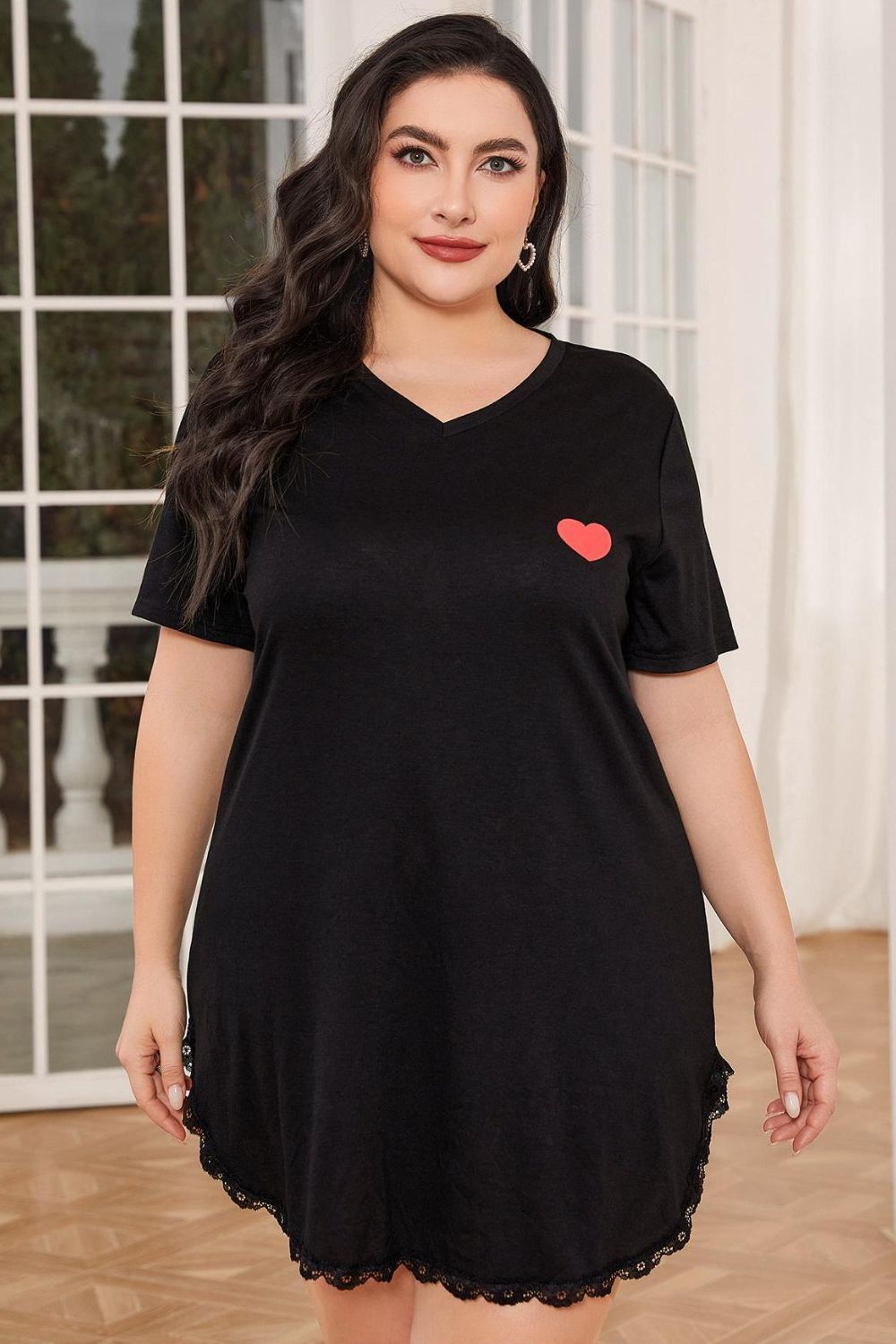 Plus Size Lace Trim V-Neck Short Sleeve Night Dress - Luxe4Everyday Black / 0XL Lounge wear