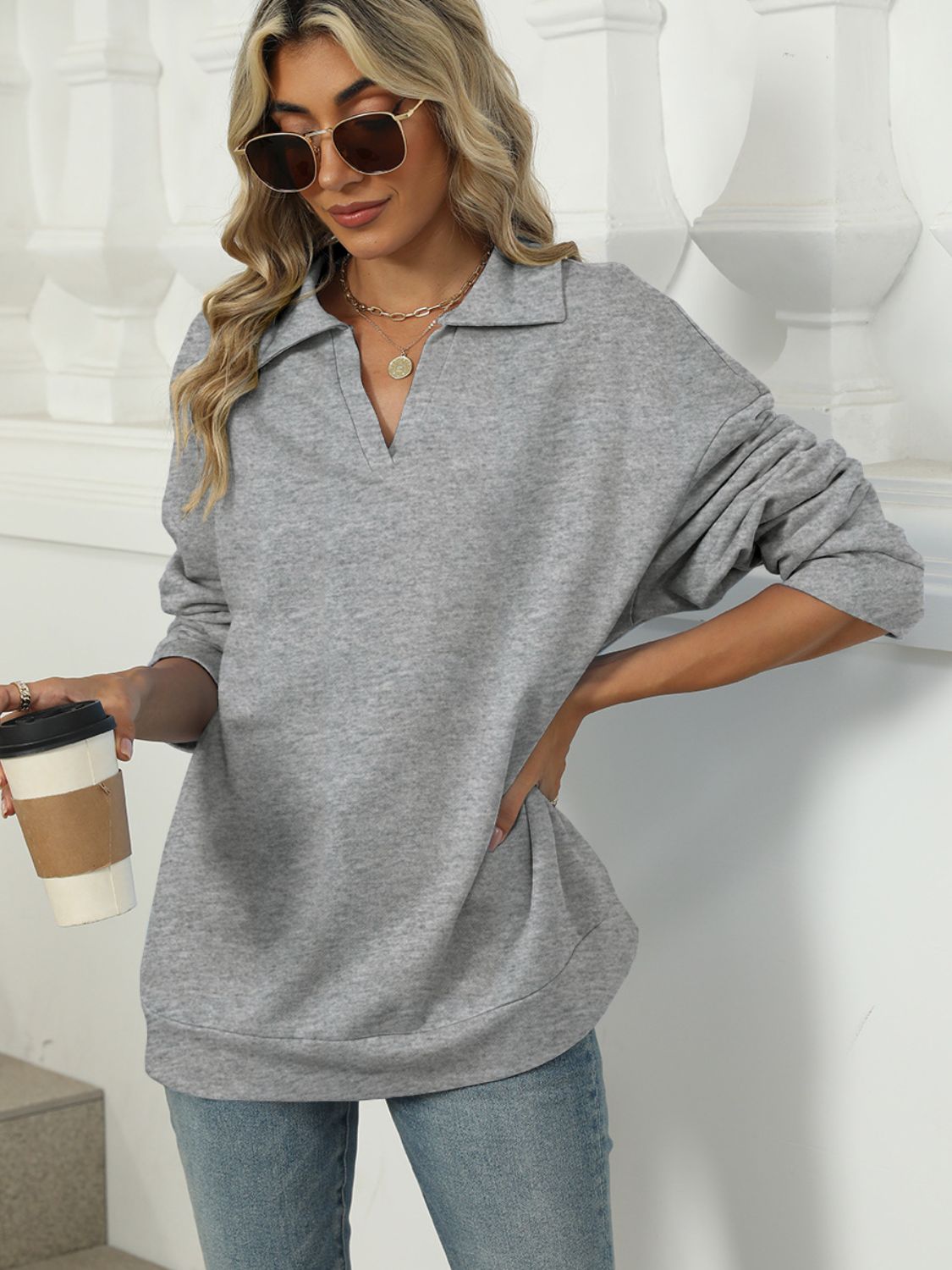 Johnny Collar Long Sleeve Sweatshirt - Luxe4Everyday Sweater