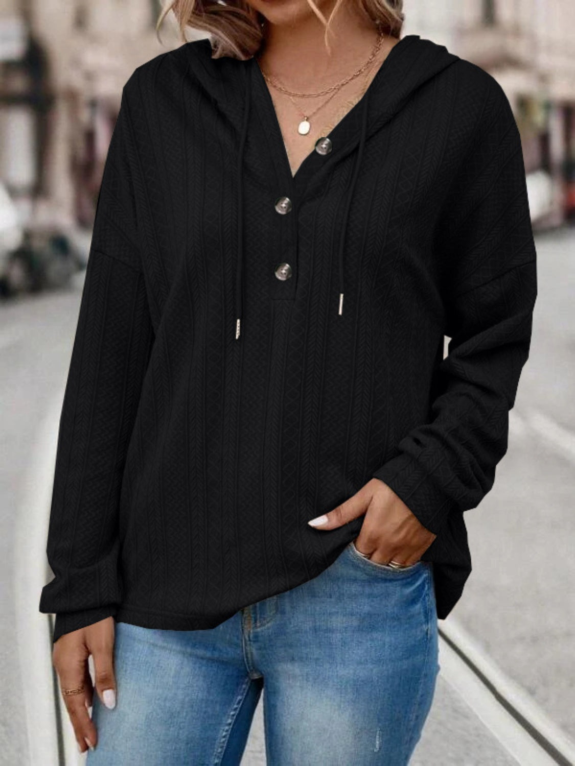 Drawstring Dropped Shoulder Long Sleeve Hoodie - Luxe4Everyday Black / S Hoodie