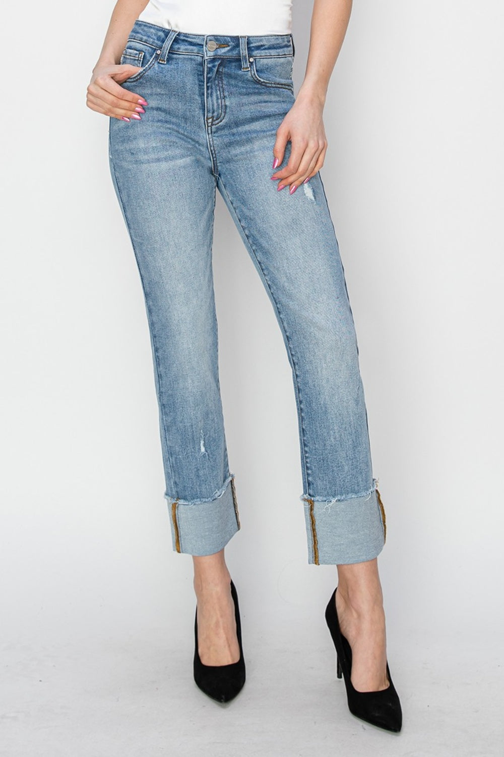 RISEN Full Size High Rise Cuffed Slim Straight Jeans - Luxe4Everyday Light / 0(24) Jeans