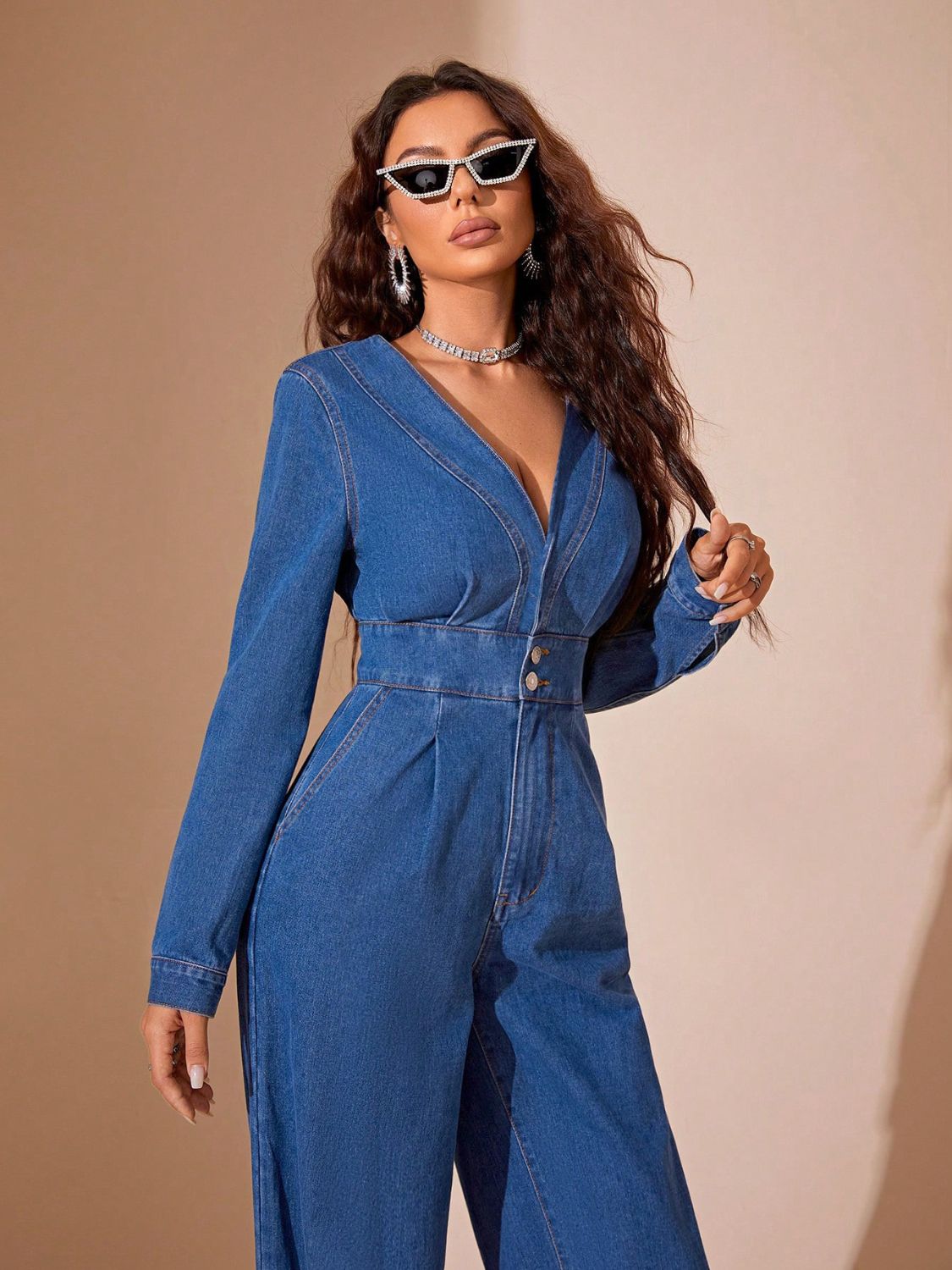 Plunge Long Sleeve Wide Leg Denim Jumpsuit - Luxe4Everyday Medium / XS Jumpsuit