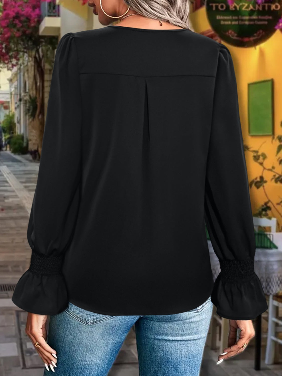 V-Neck Flounce Sleeve Blouse - Luxe4Everyday Black / S Shirt