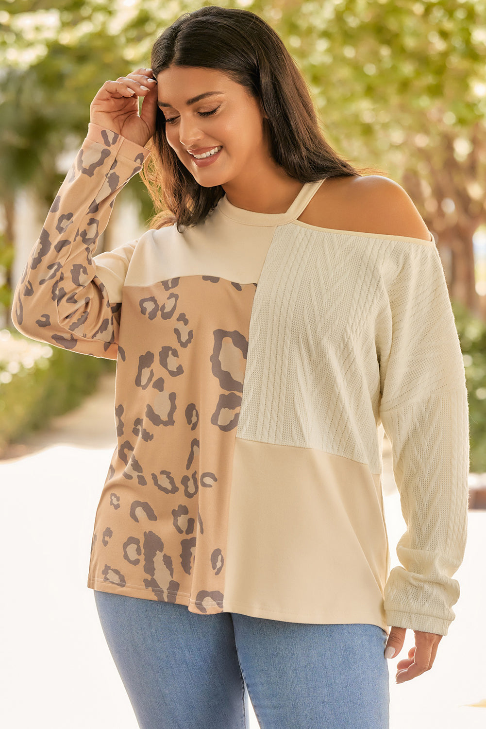 Plus Size Leopard Color Block Long Sleeve T-Shirt - Luxe4Everyday Cream / 1XL Sweater