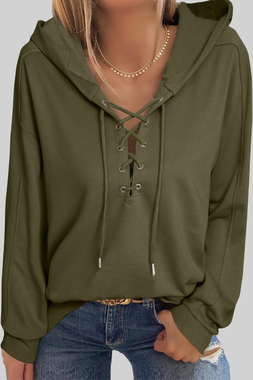 Lace-Up Dropped Shoulder Hoodie - Luxe4Everyday Army Green / S Hoodie