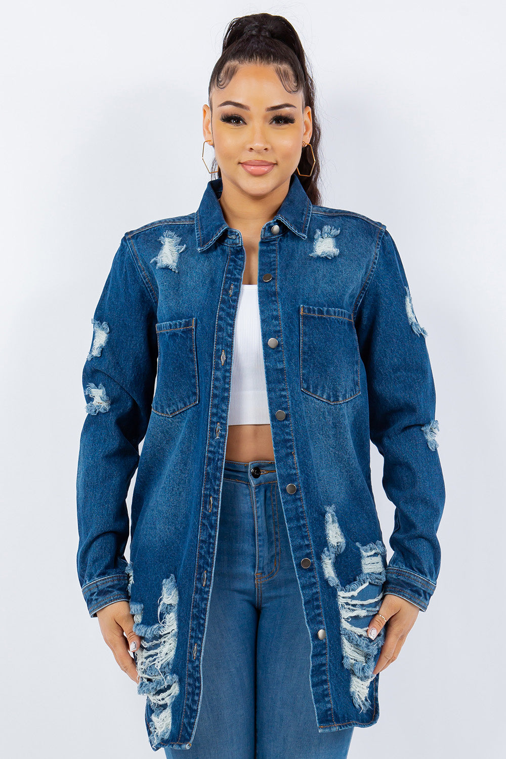 American Bazi Distressed Button Up Long Sleeve Denim Jacket - Luxe4Everyday Blue / S Jacket