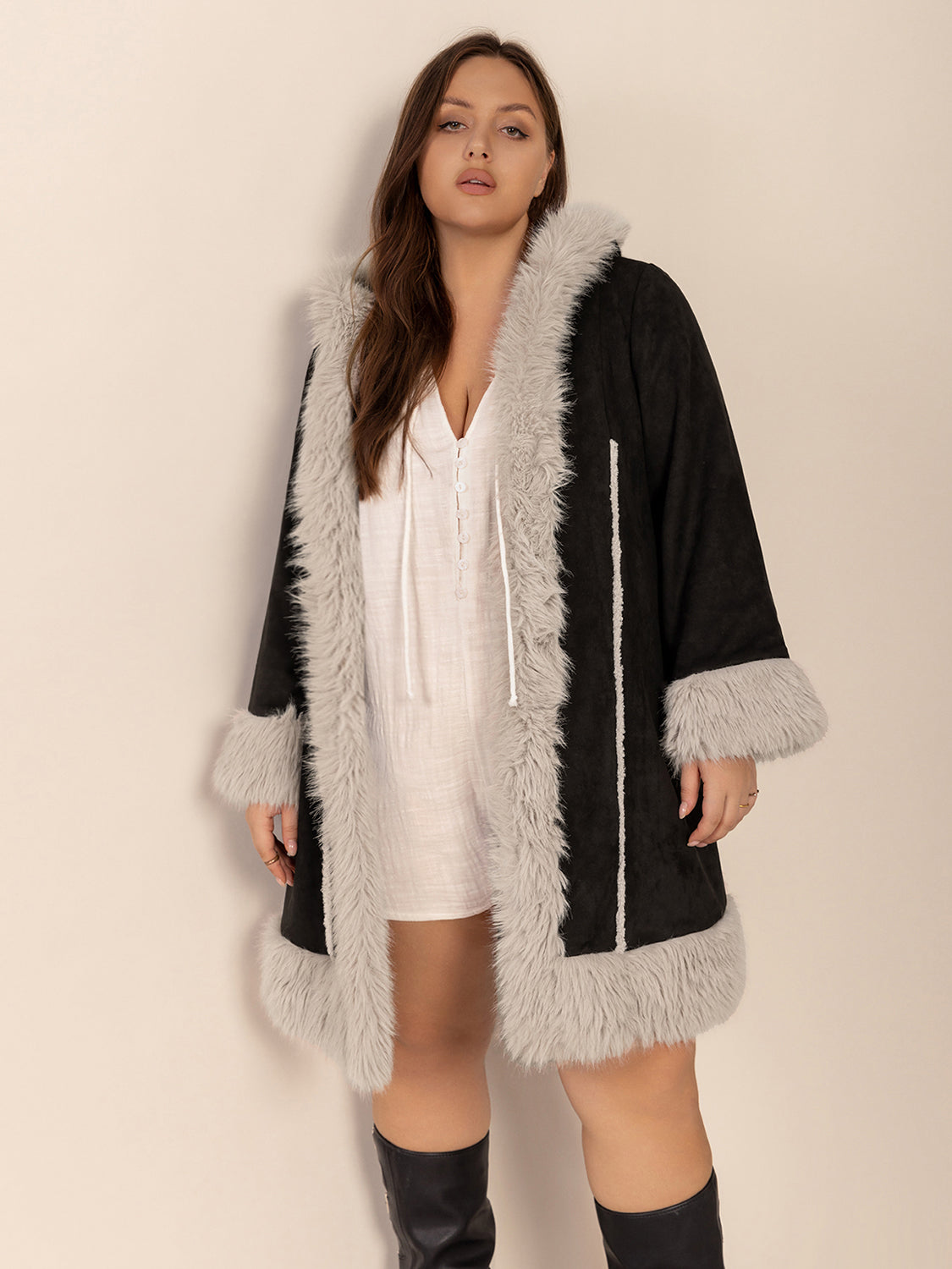 Plus Size Fuzzy Trim Open Front Long Sleeve Hooded Coat - Luxe4Everyday Black / 0XL Coat