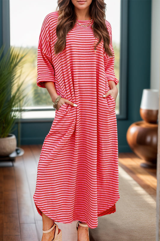 Pocketed Striped Half Sleeve Tee Dress - Luxe4Everyday Strawberry / S Dress