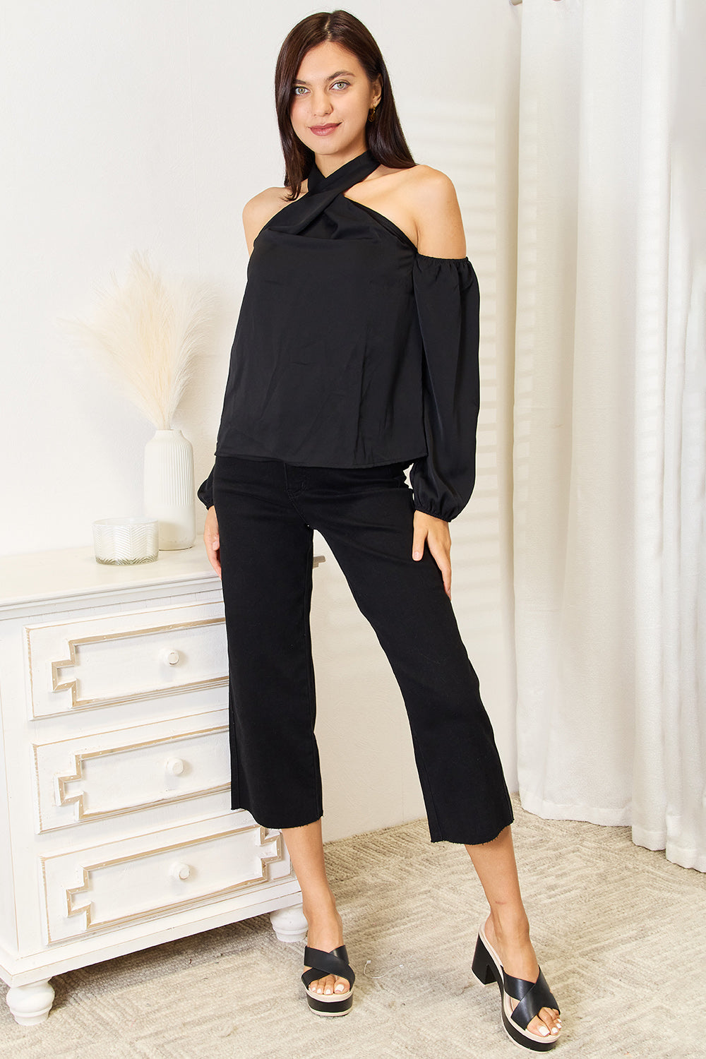 Perfee Grecian Cold Shoulder Long Sleeve Blouse - Luxe4Everyday Shirt