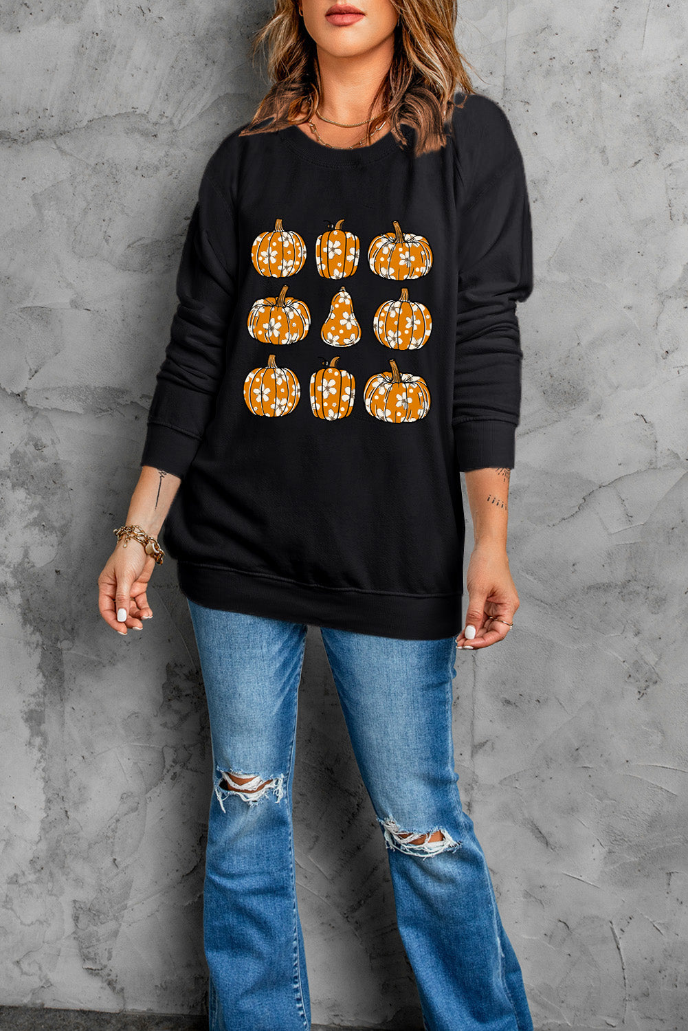 Pumpkin Round Neck Long Sleeve Sweatshirt - Luxe4Everyday Sweatshirt