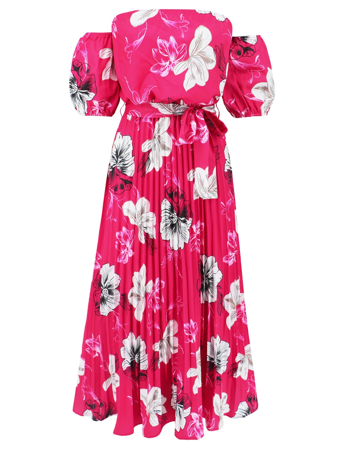 Pleated Floral Off-Shoulder Short Sleeve Midi Dress - Luxe4Everyday Dress