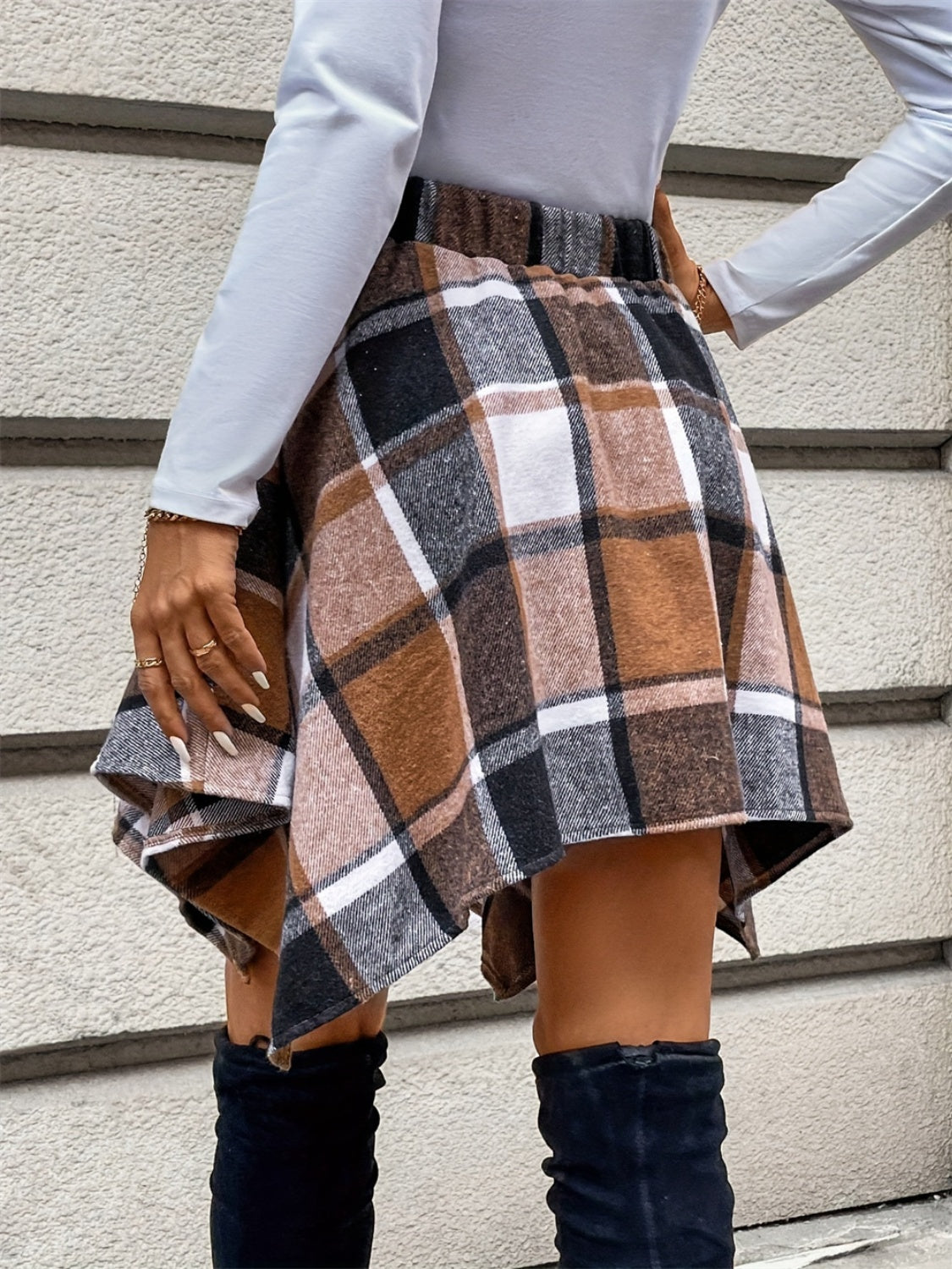 Tied Plaid Asymmetrical Hem Skirt - Luxe4Everyday Caramel / S Skirts