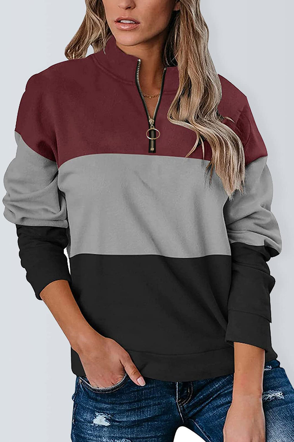 Full Size Color Block Quarter Zip Long Sleeve Sweatshirt - Luxe4Everyday Black / S Sweater