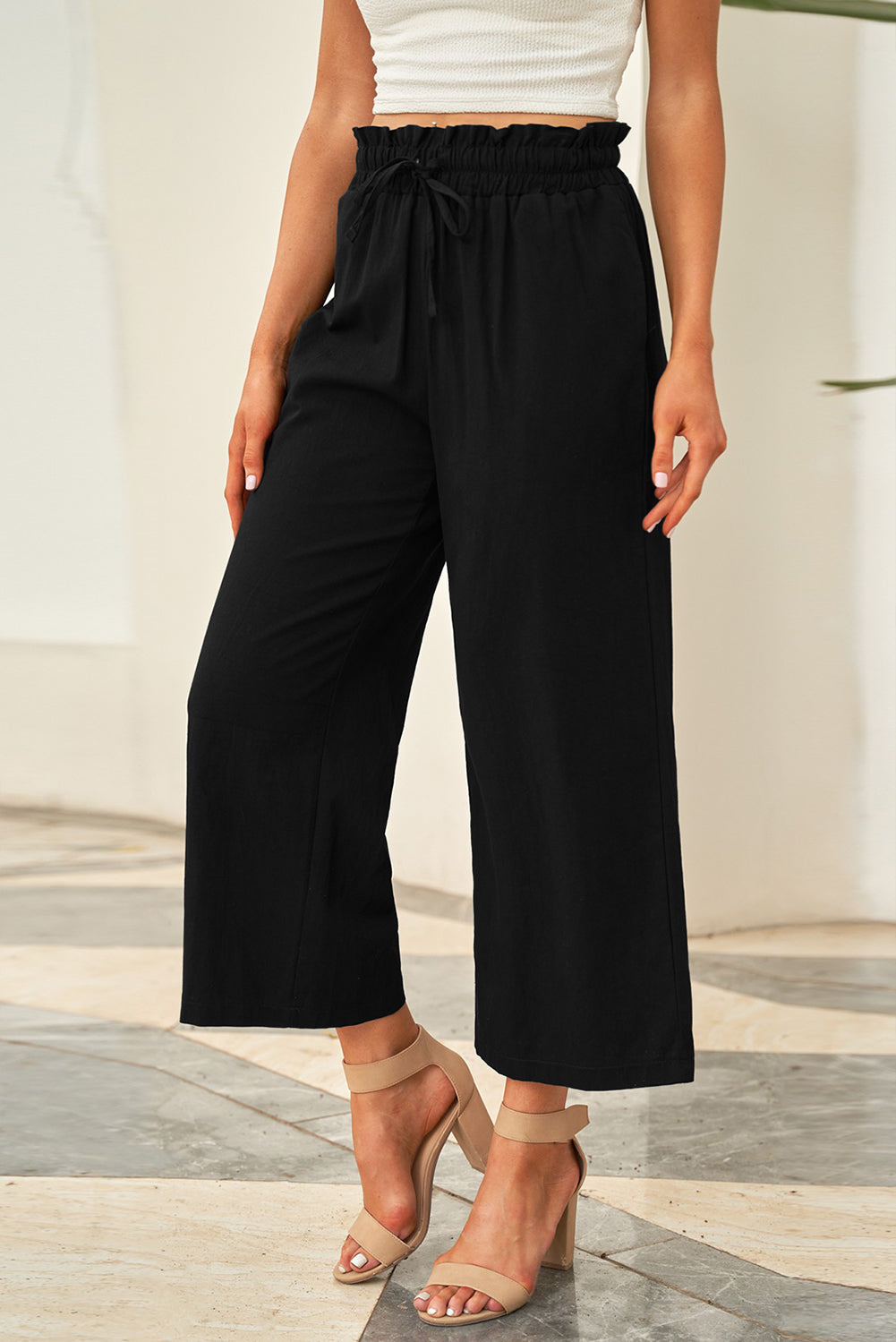 Drawstring Paperbag Waist Wide Leg Pants - Luxe4Everyday Pants