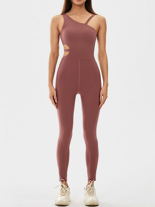 Cutout Asymmetrical Neck Active Jumpsuit - Luxe4Everyday Brown / S Acivewear