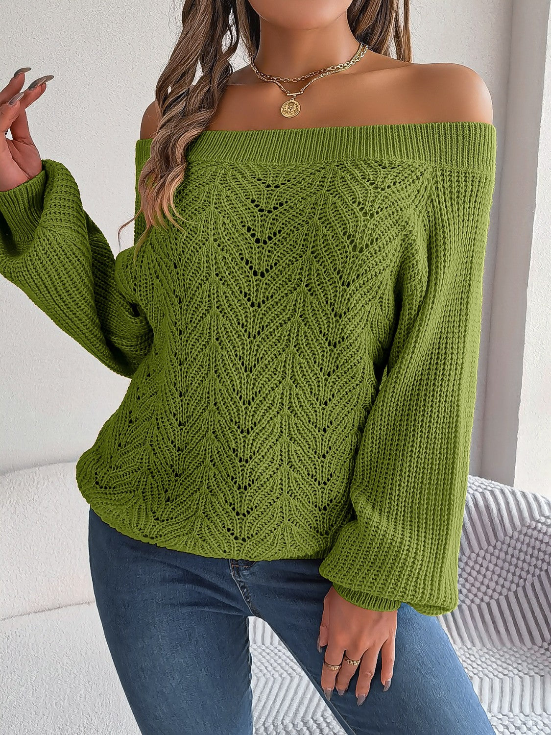 Openwork Off-Shoulder Long Sleeve Sweater - Luxe4Everyday Sweater